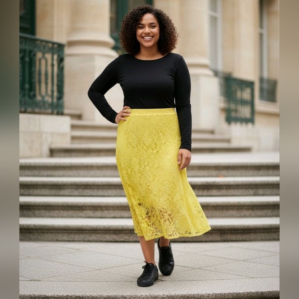 NWT Ashley Blue Woman’s L Trumpet Skirt Yellow Floral Lace Lined USA Made - Picture 12 of 12